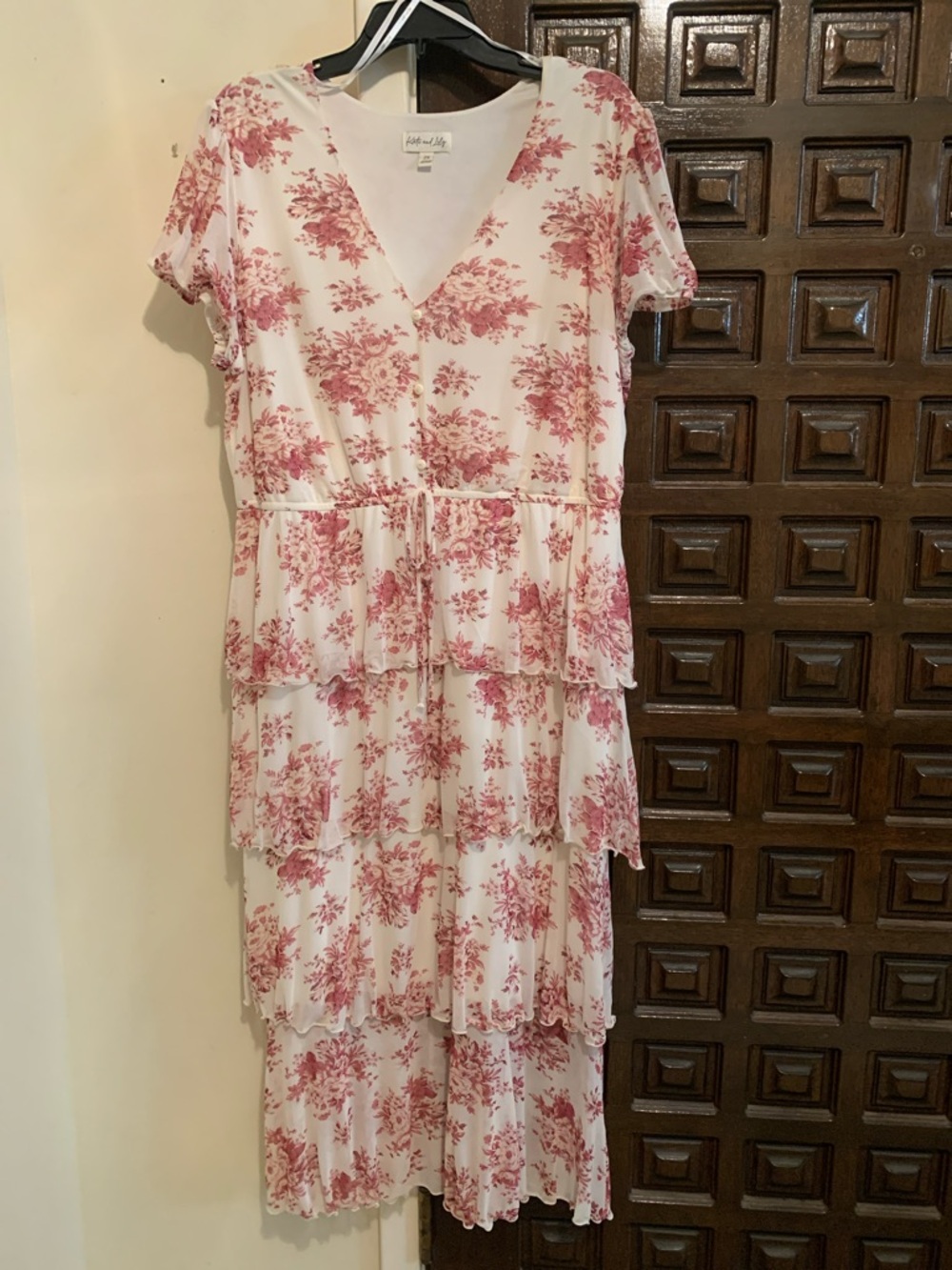 Plus Size 2X Off White & Dusty Rose Floral Tiered Mesh Midi Dress